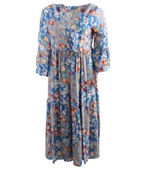 Blauwe jurk met bloemen- en paisley print