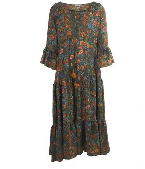 Lange zijden maxi jurk in donkergroen met bloemenprint