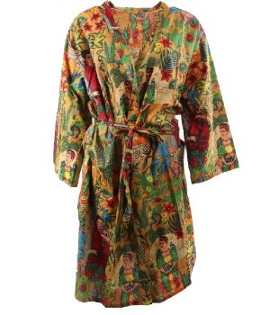 Camelkleurige katoenen kimono met Frida Kahlo print