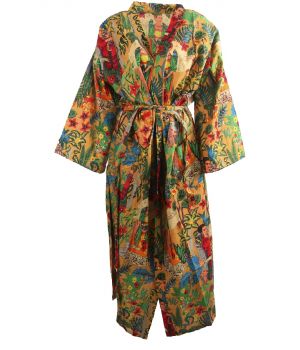 Lange camelkleurige katoenen kimono met Frida Kahlo print