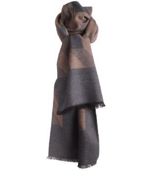 Zachte wol-blend sjaal in taupe met grafische print