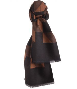 Zachte wol-blend sjaal in camel met grafische print