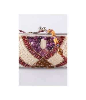 Ivory colored satin evening purse richly embroidered with little stones, glass beads and sequins