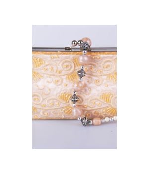 Champagne colored dupion silk clutch with glass beads and silver colored frame