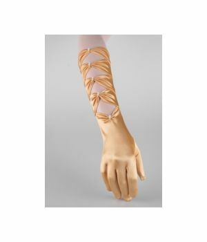 Gold satin stretch party gloves with beads end bows