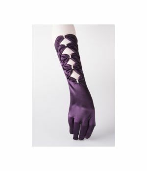 Purple satin stretch evening gloves with beads and bows