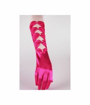Hot pink satin stretch party gloves with beads end bows