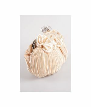 Ivory colored party clutch of pleated satin with roses