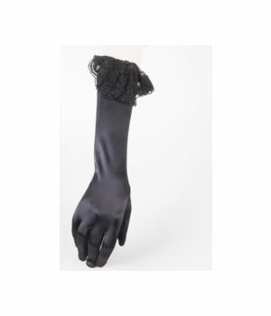 Black stretch satin party gloves with lace and bow