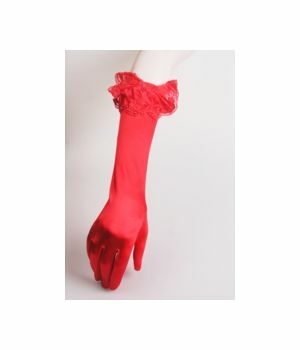 Red stretch satin party gloves with lace and bow