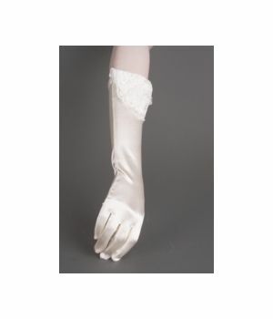 Ivory stretch satin party gloves with lace and bow
