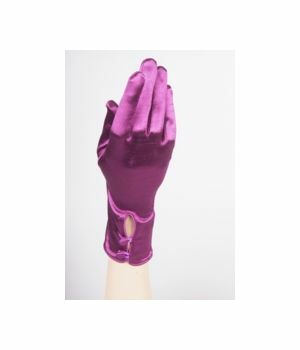 Purple satin stretch party glove with covered buttons, - one size
