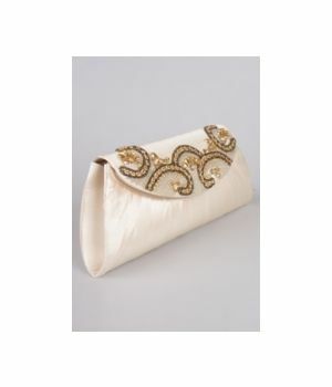 Champagne-yellow satin party clutch with glass beads and rhinestones
