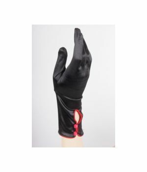 Black satin stretch party glove with red covered buttons