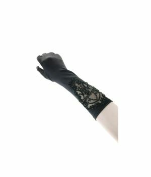 Black 36cm. long satin fomal dress gloves with openwork embellished lace, decorated with round and oval beads