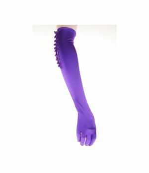 Purple satin stretch party glove with covered buttons