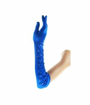 Cobalt blue pleated satin stretch party gloves with rhinestones