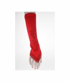 Red stretch satin paty gloves with lace and beads/sequins emdroidery