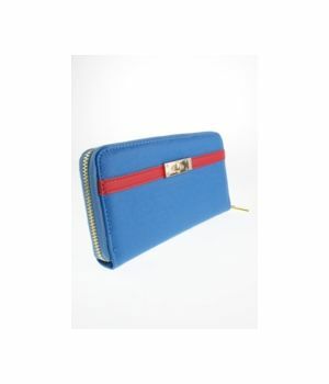 Blue boFF zip around wallet with red trim and goldtone detailing