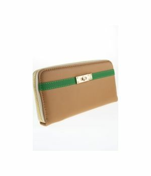 Natural boFF zip around wallet with green trim and goldtone detailing