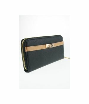 Black boFF zip around wallet with natural trim and goldtone detailing