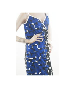 Black and white wrap dress with cobalt blue graphic design