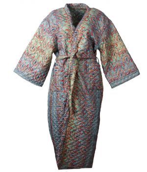 Lange gewatteerde kimono jas in jadegroen en blauw