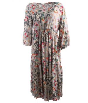 Grijze jurk met bloemen- en paisley print