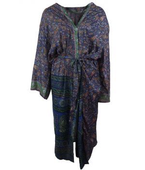 Kobaltblauwe lange zijde-blend kimono met paisley print