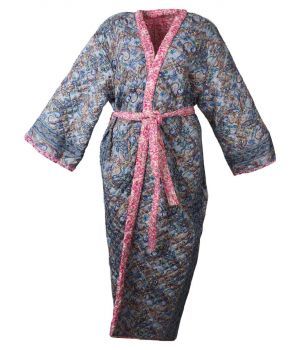 Lange gewatteerde kimono jas in roze en blauw