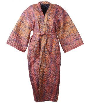 Lange gewatteerde kimono jas in zalm en donkerblauw