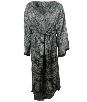 Lange zijde-blend kimono in mintgroen met paisley print