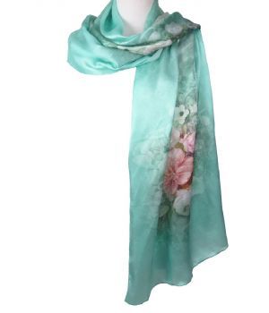 Mintgroene zijden sjaal met klassieke bloemenprint