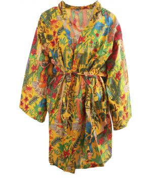 Korte okergele katoenen kimono met Frida Kahlo print