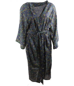 Lange zijden kimono in kobaltblauw met paisley print