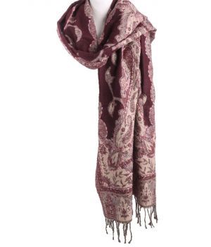 Pashmina sjaal/omslagdoek in wijnrood met geweven paisley